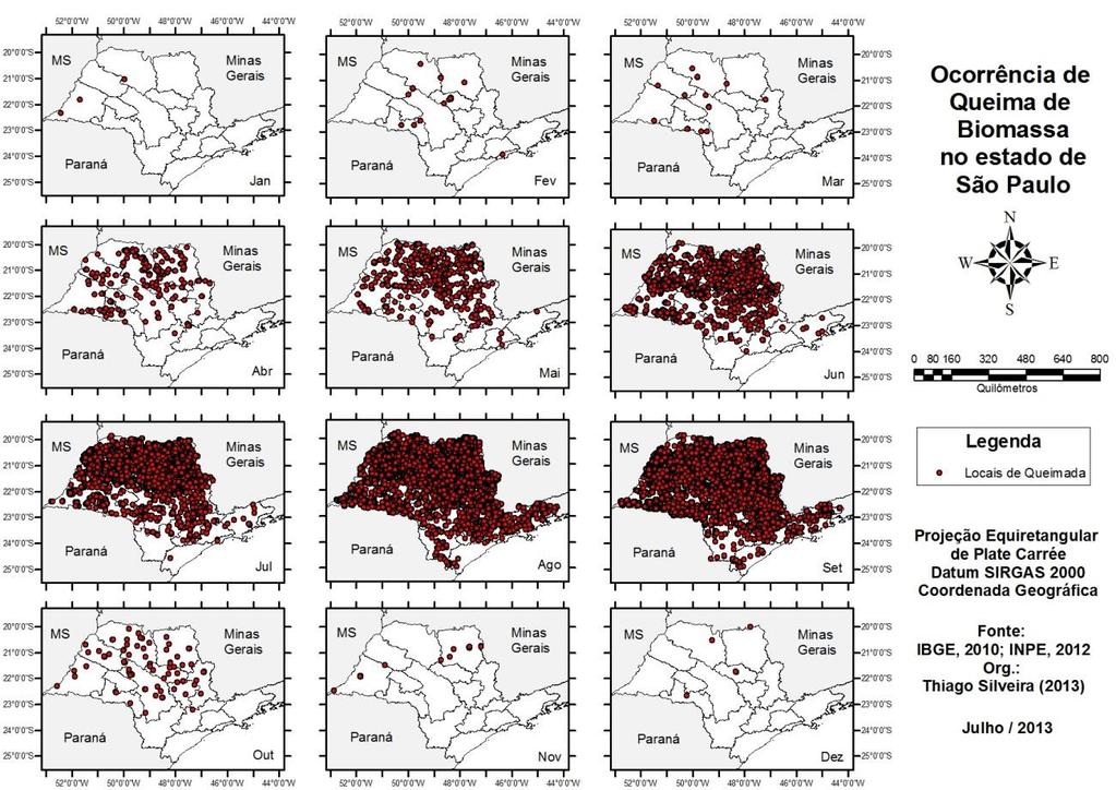 Mapa 3: Mapa de queimada de biomassa no estado de São Paulo em 2010. Fonte: IBGE e INPE A mancha que se forma nos meses de julho, agosto e setembro são patentes, justamente no período de colheita.