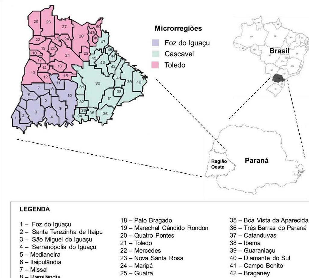 37 Figura 1. Caracterização qualitativa e quantitativa da mesorregião Oeste do Paraná, dividida em três microrregiões: Foz do Iguaçu, Cascavel e Toledo. Municípios Fonte: elaborado pelo autor (2015).