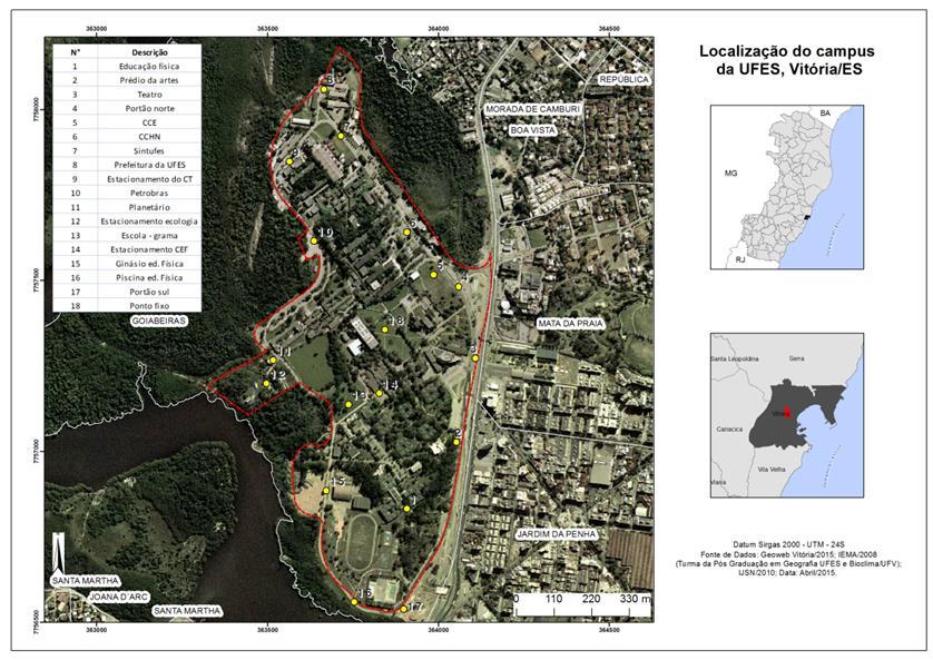 Do ponto de vista geomorfológico, o campus da UFES é localizado no compartimento de relevo Planície Costeira, com cotas que não ultrapassam os 50 metros de altitude, sendo que a Geologia é