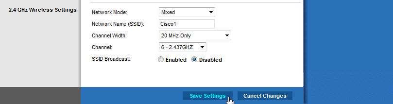Selecione Disable para a transmissão de broadcast do SSID do modo de 2.4 GHz. Clique em Save Settings > Continue.