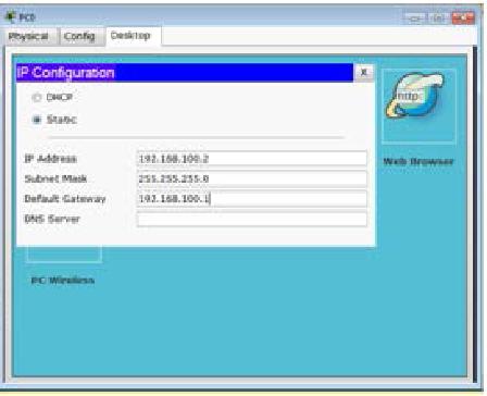 Aplicação: Roteador PC0: IP 192.168.100.2 / 255.255.255.0 / 192.