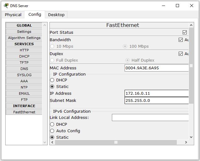 Configuring the DNS Server FastEthernet: Set the IP address to 172.16.