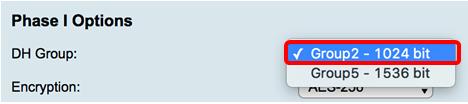 Configurar as configurações automáticas Etapa 1. Na área das opções da fase 1, escolha o grupo apropriado do Diffie-Hellman (DH) a ser usado com a chave na fase 1 da lista de drop-down do grupo DH.