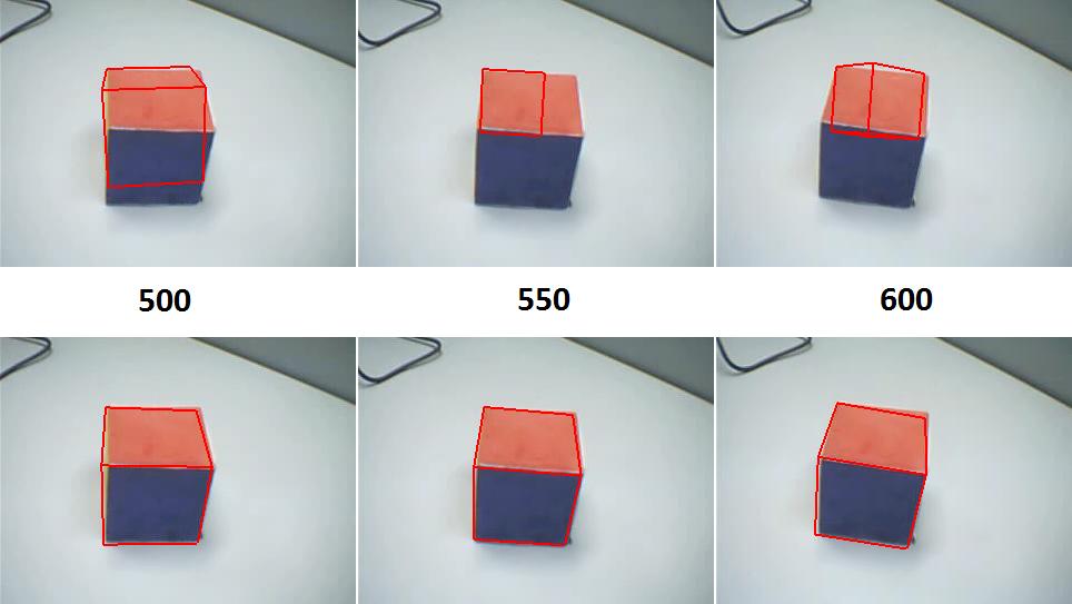 4.1 QUALIDADE DO RASTREAMENTO 25 Figura 4.3: Sequência de imagens comparando as duas técnicas de rastreamento. A imagem mostra tanto o cubo a ser rastreado como também o modelo sendo renderizado.