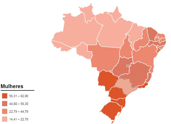 Fig 3: Distribuição da incidência de câncer em mulheres no Brasil Em relação ao território nacional, abaixo está representado as taxas brutas de incidência por 100 mil