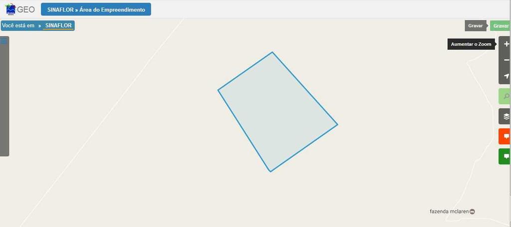 O polígono da área do empreendimento fica então disponível no mapa, devendo por fim salva a operação no botão "Gravar".
