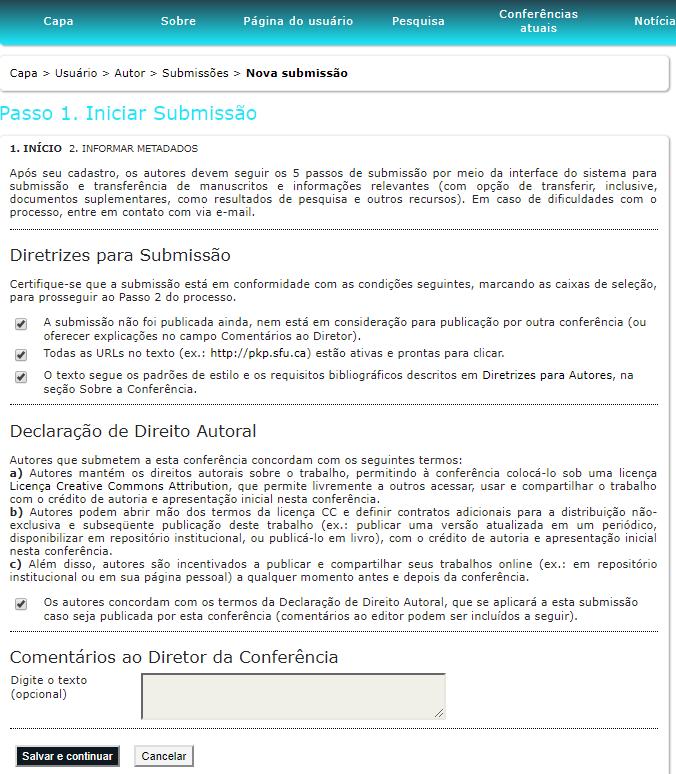 6- Na sequência aparecerá a tela abaixo. No campo das Diretrizes para submissão, marque todos os itens.