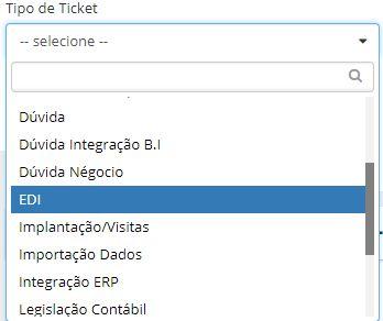 Tipo de Ticket: Selecionar entre as opções a. Defeito b. Dúvida c. Dúvida Integração B.I d. EDI e. Implantações/Visitas f. Importação de Dados g. Comunicação de VPN h. Integração ERP i.