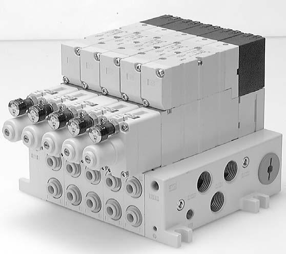 Série VQ Opções da placa base Placa reguladora de pressão para a série VQ da electroválvula de vias: Série RQ Evita-se a tarefa de ligação das tubagens.