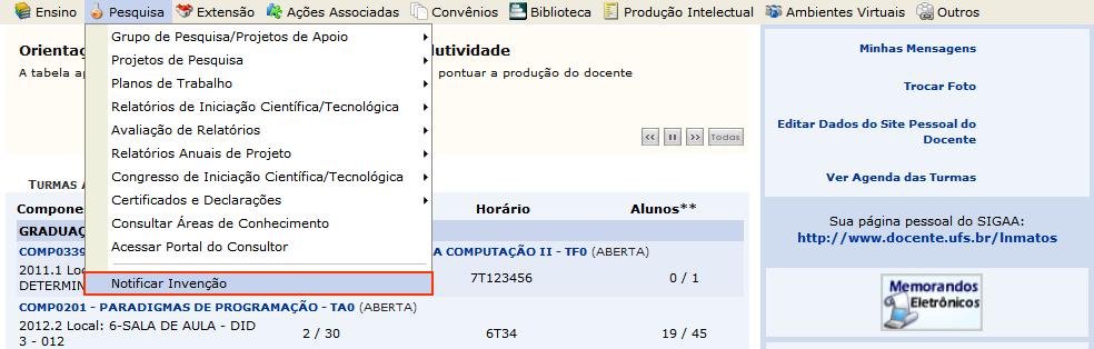 2. Submeter Notificação SIGAA Notificação de Invenção Para cadastrar uma Notificação de