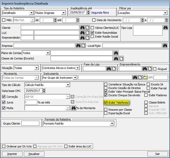 4- Será considerado na geração do arquivo de remessa, primeiramente, a configuração do local de pagamento e caso não esteja parametrizado será considerada a configuração da Filial. 1.4. Número de telefone no relatório de Inadimplência Foi incluído um novo parâmetro na tela do relatório de inadimplência para que seja possível imprimir o número de telefone do cadastro do locatário.