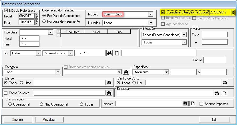 MELHORIAS GROUP SHOPPING FINANCEIRO No relatório de Despesas por Fornecedor (modelo Com Histórico) foi adicionado um novo filtro que permite filtrar as contas considerando a situação na época.