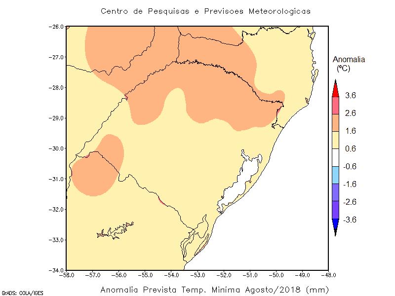 Figura 7. Temp. Mínima Média Climatologia e Anomalia Prevista junho/2018 Figura 8. Temp. Mínima Média Climatologia e Anomalia Prevista julho/2018 Figura 9.