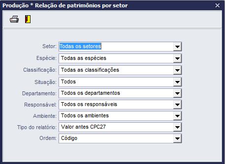 das depreciações por período ). Veja a seguir a tela de geração: A seguir, podemos extrair o relatório de Relação de patrimônios por setor.