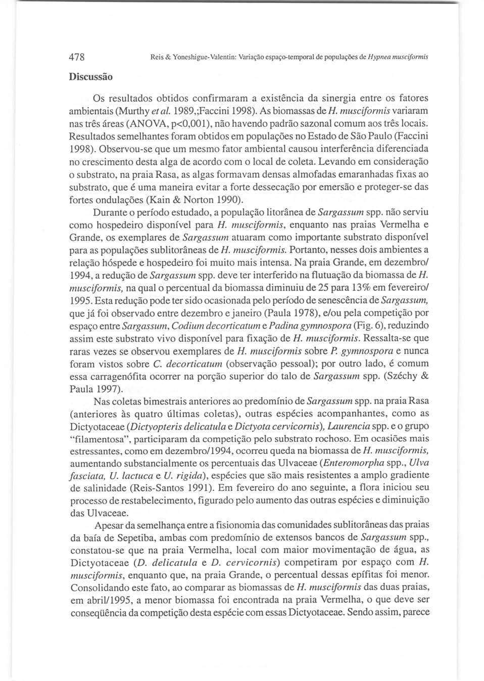 478 Reis & Yoneshigue-Valentin: Variação espaço-temporal de populações de Hypnea musciformis Discussão Os resultados obtidos confirmaram a existência da sinergia entre os fatores ambientais (Murthy