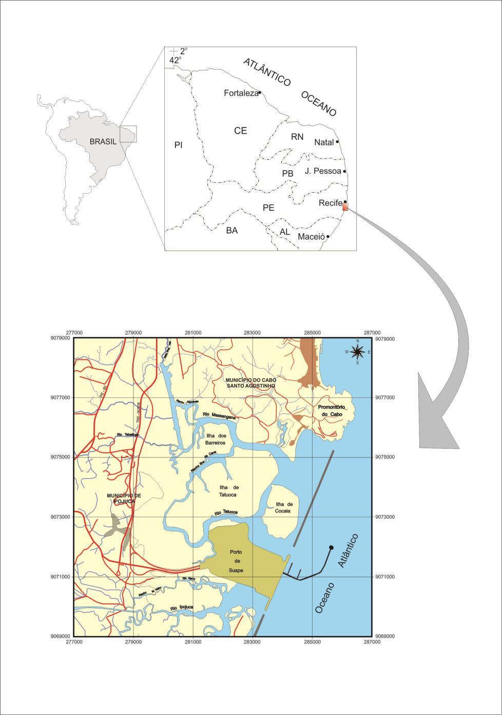 A área de estudo está localizada na região do Complexo Industrial e Portuário de Suape (CIPS), litoral sul do estado de Pernambuco, entre o município do Cabo de Santo Agostinho e o Pontal do Cupe