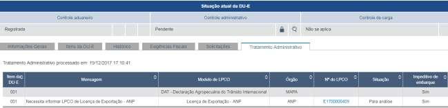 valor pretendido na DU-E: Item: 1 - O LPCO informado não possui saldo(e0155) [19/12/2017 17:08:00] [DUEX- CDVVVV2593] i) Quando os campos estiverem compatíveis, o sistema permitirá o registro da