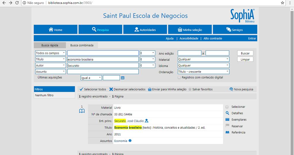 Nos registros existem links que remetem para informações sobre autor, assunto e detalhes do material, assim como a opção de acessar todos os materiais cadastrados com o mesmo autor ou mesmo assunto.