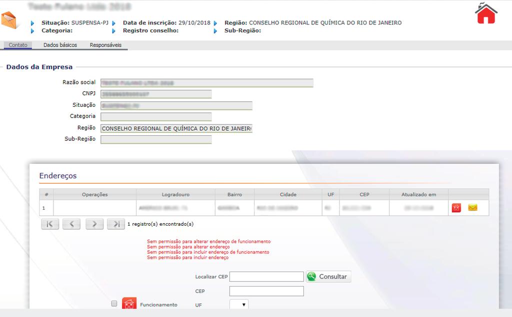 Dados cadastrais Nesta página, você poderá visualizar todos os dados básicos da empresa cadastrados no CRQ-III, como endereço, situação e data da inscrição.