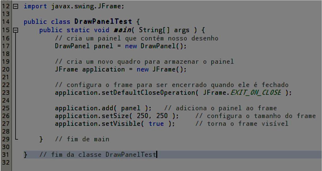 Classe DrawPanelTest Para exibir a DrawPanel na tela, você deve colocá-la em uma janela. Você cria uma janela com um objeto da classe Jframe; Em DrawPanelTest.java (Figura 4.