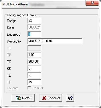 Endereço Descrição TP = 1 (não existe TP) TC = 200 (1000/5A) KE/PEnE = 0 (saída de pulsos desabilitada) TL = 2 (sistema monofásico) TI = 15 (integração de demanda de 15 minutos) Tela de configuração