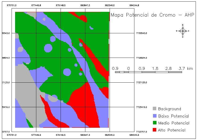 5. RESULTADOS A Figura 6 apresenta o resultado da dispersão de potencialidade do Cromo obtido pela técnica de análise hierárquica de processos (AHP). Figura 6. Potencial de prospecção de Cromo pela AHP.