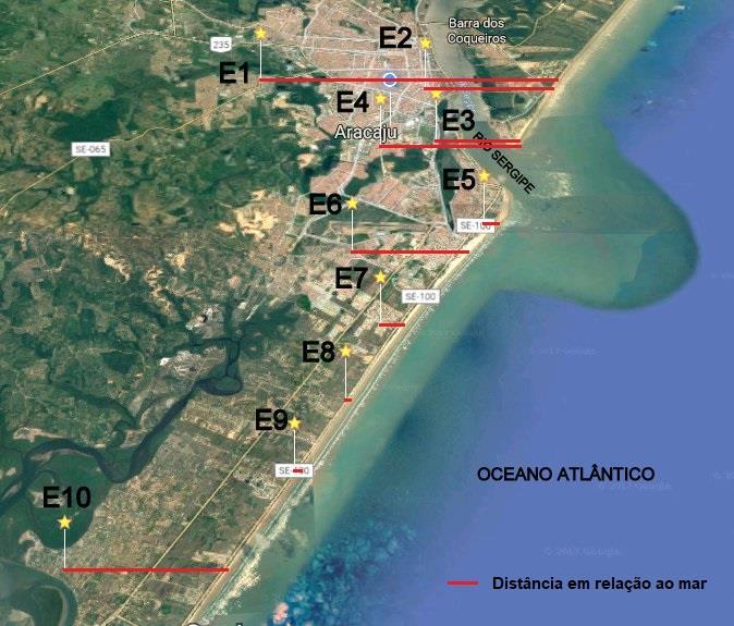Os critérios foram: instalação próxima a faixa litorânea, localização mais adentro do município para analisar a deposição de cloretos em relação a distância ao mar, próxima a locais que possuem
