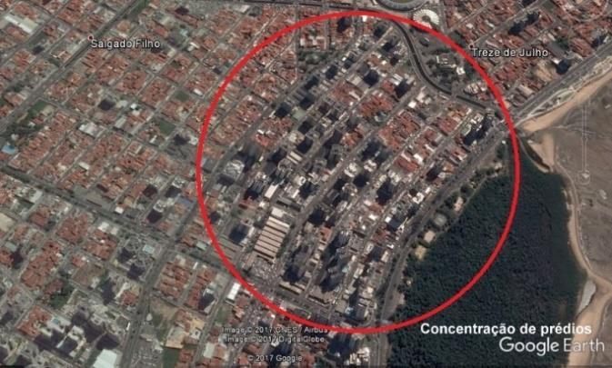 Fatores que influenciam a concentração de íons cloreto na atmosfera urbana de Aracaju/SE. Figura 7: Mapa em 3D da concentração de prédios no Bairro Treze de Julho.