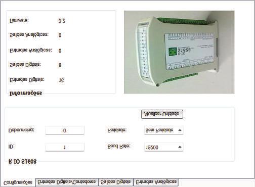 Software 24 Alterando as configurações da unidade Na aba Configurações, são mostradas as informações do dispositivo e pode-se modificar as configurações da unidade como ID, Debouncing, Baud Rate e