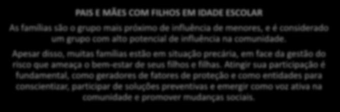 Atingir sua participação é fundamental, como geradores de fatores de proteção e como entidades para conscientizar, participar de soluções preventivas e emergir como