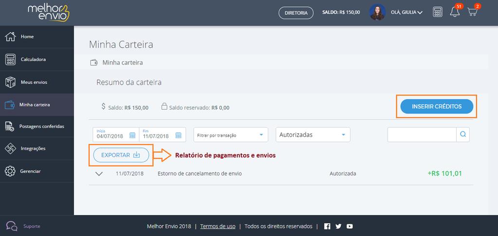 Minha carteira Na aba Minha carteira, você pode realizar uma Inserção de créditos, exportar um Relatório de