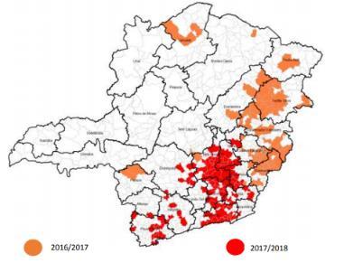 Figura 8. Área de transmissão de febre amarela em Minas Gerais de 2016 a 2018. Fonte SES-MG.