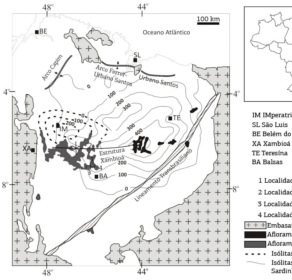 Oscar Arturo Romero Ballén et al. Figura 1. Mapa esquemático mostrando a distribuição da Formação Mosquito e as possíveis feições tectônicas atuantes no Jurássico na Província Parnaíba.