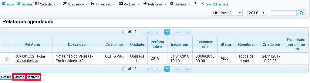 Também é possível Ativar e Inativar o agendamento para pausa-lo por algum tempo e após voltar a ativa-lo, e também Excluir o agendamento. Alguns exemplos de relatórios para serem agendados: 1. 007.