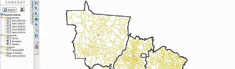 No painel de controle podem-se definir opções de visualização, como o ano-safra, limites municipais, imagens e mapas temáticos.