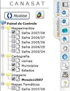 Classes temáticas Legenda ou Overview Legenda ou Overview Consulta estruturada Opções de visualizações Ferramentas de zoom Mover Identificar Selecionar por retângulo Imprimir Gerar gráfico Medir