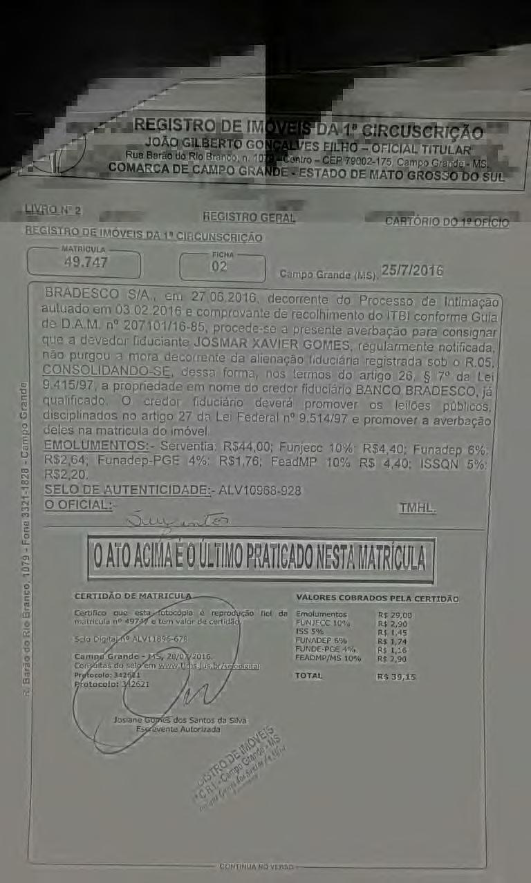 I {URCUSGRfOlO EJLJicf - Of'ltiAL TITULAR' - CEP 7002-1 75, Cnmr19 Q.(ley.I;J- MS ESTADO 05MATO GROSOl)C) SUt! RE.GIS"tBO GE8AL lillro r. 'M0.YEI.S.JU( t' CJ iicu.ti.s.crrça() -tl r W.TRICUU.