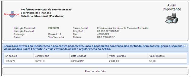 Aviso Importante Opção contendo relatório que apresenta possíveis pendências/irregularidades de sua empresa junto à Prefeitura.