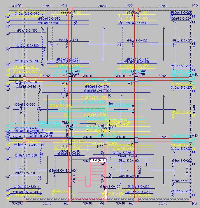 113 Por exemplo, no Grupo 6 visualiza-se a seguinte armadura longitudinal superior. Fig. 1.218 Prima no menu L.maciças/Fungif.> Armadura base. Fig. 1.219 Prima sobre a armadura de 12 sep.