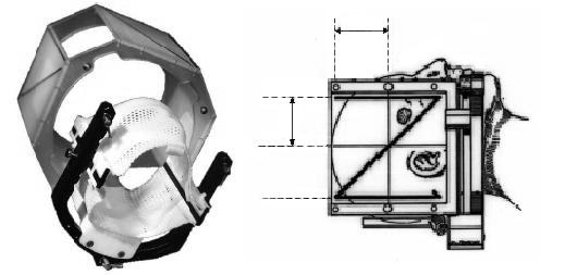 12 Figura 3: Sistema de imobilização e de localização estereotáxica. Esquerda: suporte para máscara termoplástica, máscara do paciente e caixa localizadora.