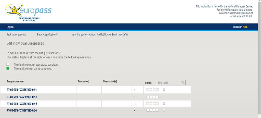 Para completar os dados de cada participante deve clicar no Europass number. Irá aparecer um quadro com todos os participantes solicitados.