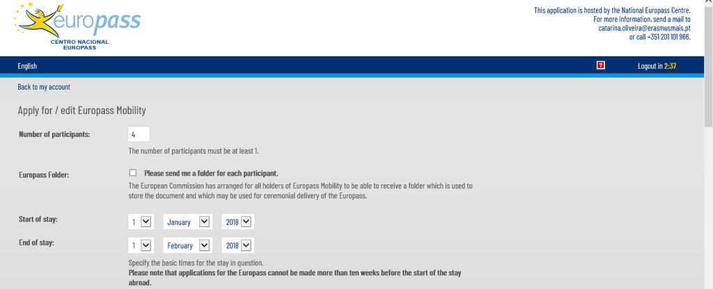 Início do procedimento para a emissão do documento Europass