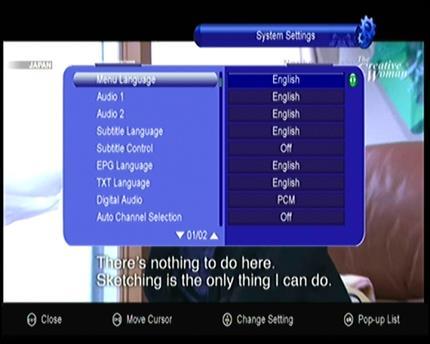 5. Configurações 5.1 Configurações de sistema 1.Menu Language: Definir o idioma do menu. 2. Audio1: Defina o idioma de áudio preferido. 3. Audio2: Definir o idioma de áudio subprime. 4.