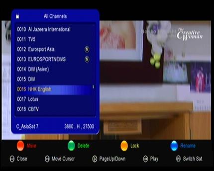 4. Edição de Canais 4.1 Canais de TV/Radio Canais TV/Radio permite mover, excluir, bloquear / desbloquear, renomear os canais na lista de canais de forma conveniente. 4.2 Favoritos Adicione o canal favorito que você deseja configurar e altere os tipos.