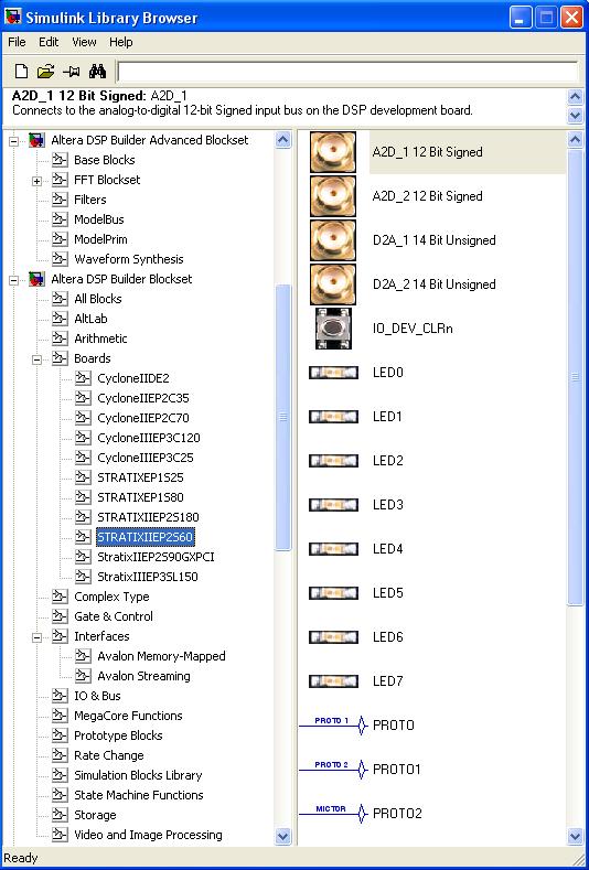 CBPF-NT-2/11 3 instalada a partir do software DSPBuilder, permitindo que um programa utilize os blocos programáveis compatíveis com o kit EP2S6 por meio de um subgrupo específico para o DSP em