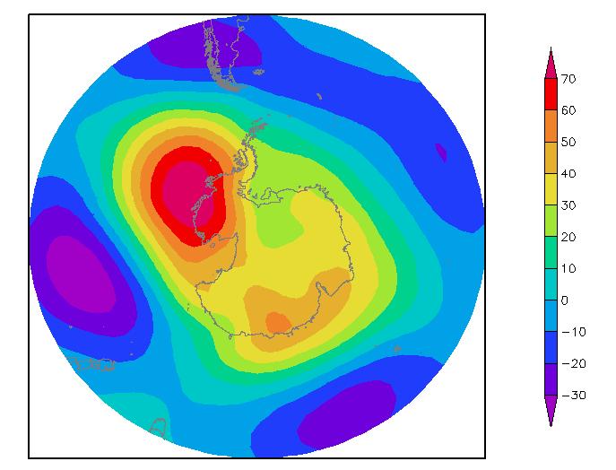 82 a) b) Figura 36. Climatologia da anomalia de altura geopotencial (700 hpa) para trimestre março/abril/maio para os períodos extremos do Índice de Oscilação Antártica, a) positivo e b) negativo.