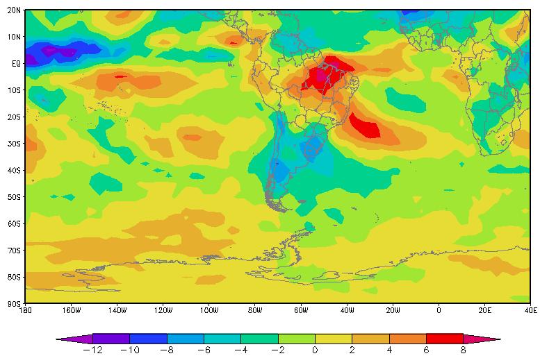 As climatologias das anomalias do período positivo mostra anomalias negativas sobre o RS e associados à menor quantidade trimestral de nebulosidade e conseqüentemente menor