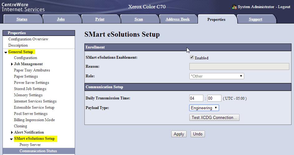 A página Configuração do SMart esolutions é aberta. 3. Na seção Inscrição da página Configuração do SMart esolutions, clique na caixa de seleção Ativado ao lado de Ativação do SMart esolutions. 4.