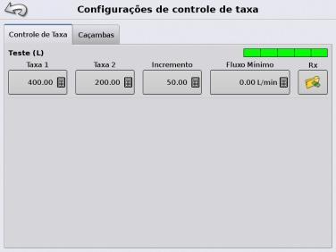 Tela de configurações de Controle de Taxa Taxa Alvo 1 & 2: Taxas de aplicação prédeterminadas pelo operador Incremento: valor incremental quando as setas para cima e para baixo são pressionadas