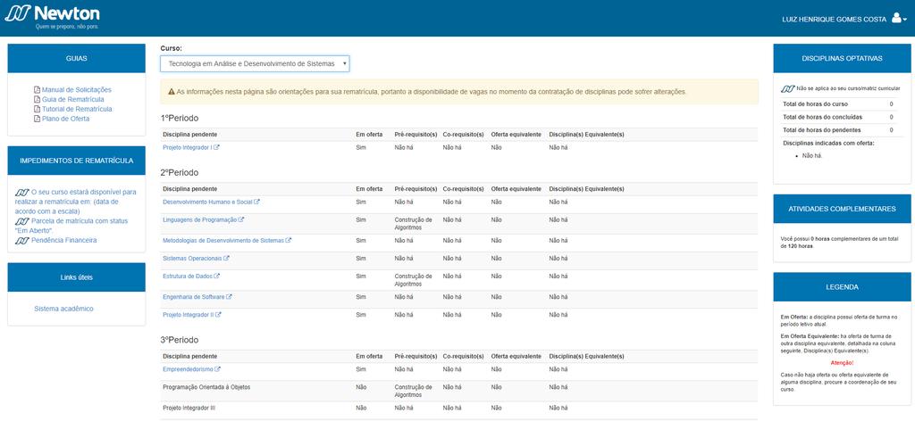 Ao selecionar o curso, será exibida uma lista das